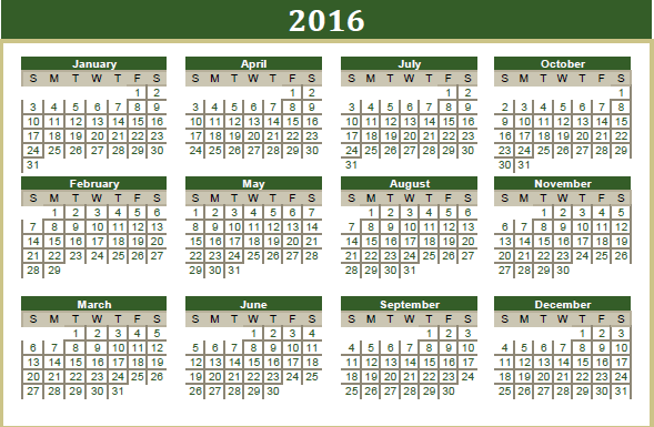2016 yearly calendar